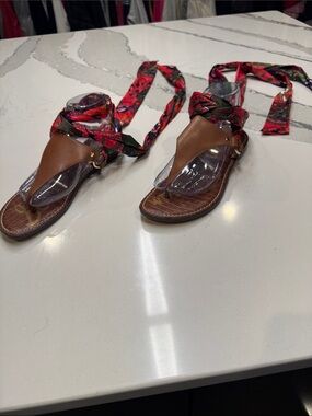 Sam Edelman Brown Leather Toe-Post Sandals with Red Multicolor Wrap Ties Sz8.5